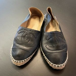 Chanel Black leather espadrilles.